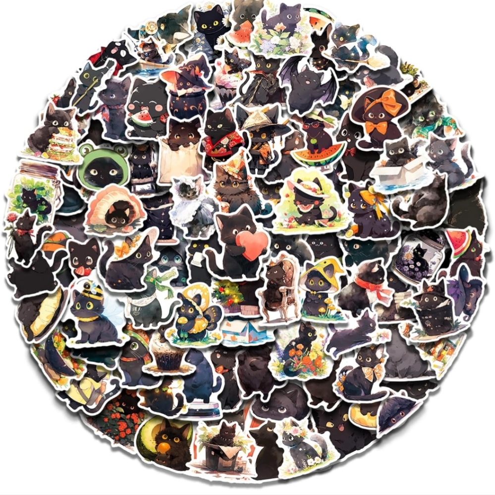 100 Pack Unique Fun Cute Black Cat Stickers decor laptop phone mug luggage cup